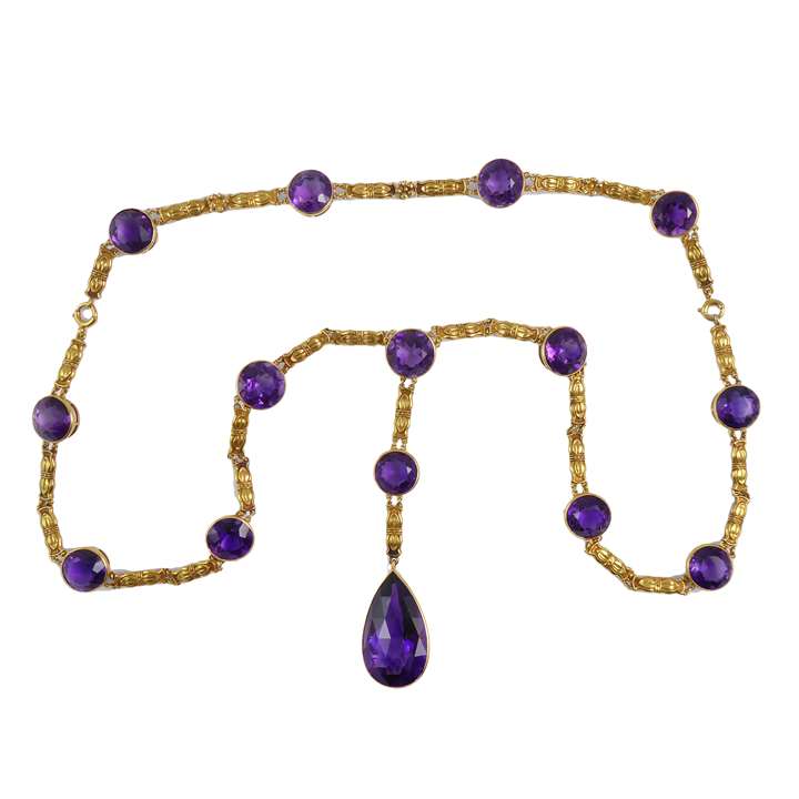 Amethyst and gold pendant necklace, forming also a shorter necklace and a bracelet